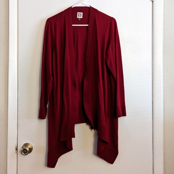 ANNE KLEIN Pointelle Trim Waterfall Cardigan ln Titian Red - Picture 2 of 6